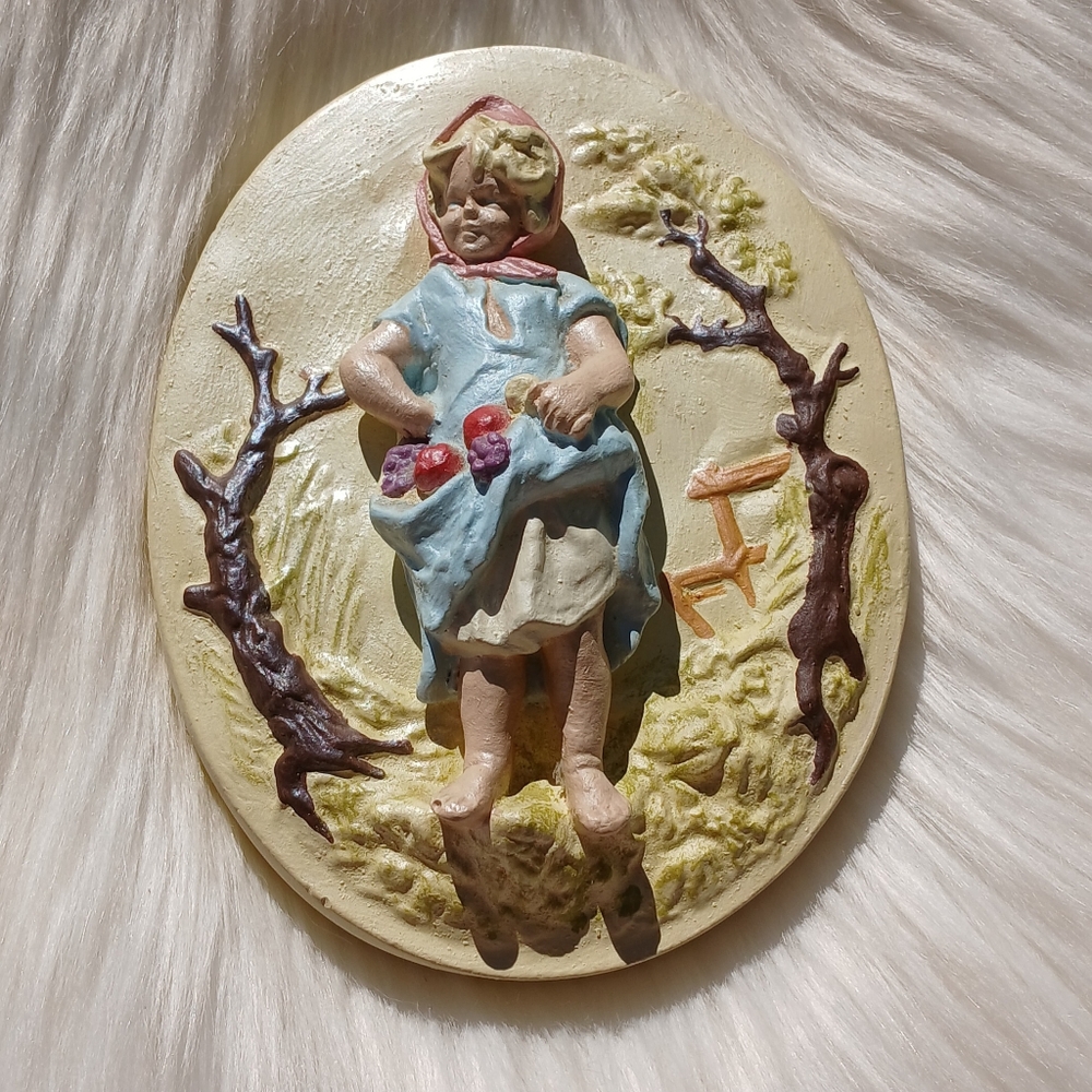 Vintage Girl Picking Fruit Grapes Apples Chalkware Wall Hanging Plaque Retro Mcm